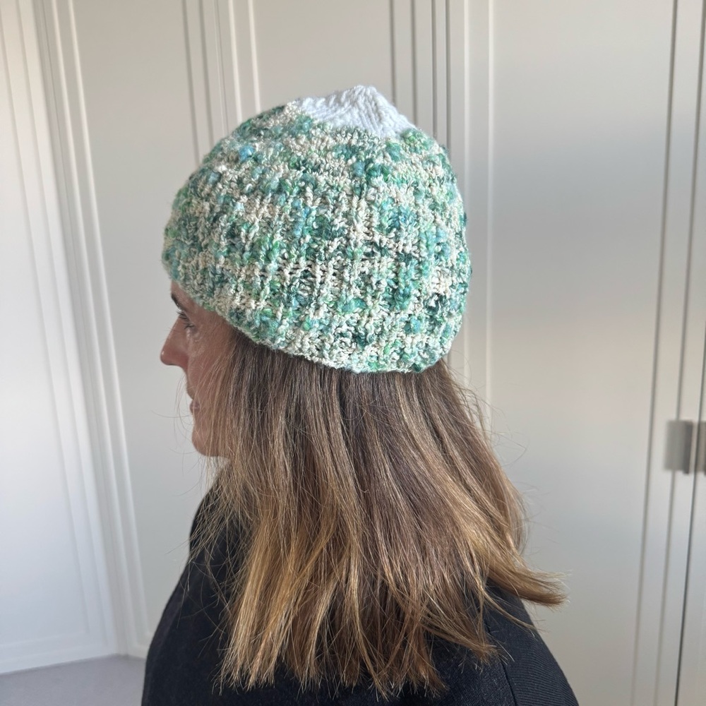 Vintage Green, Cream & White Stretch Hat – 8.75” across laid flat.